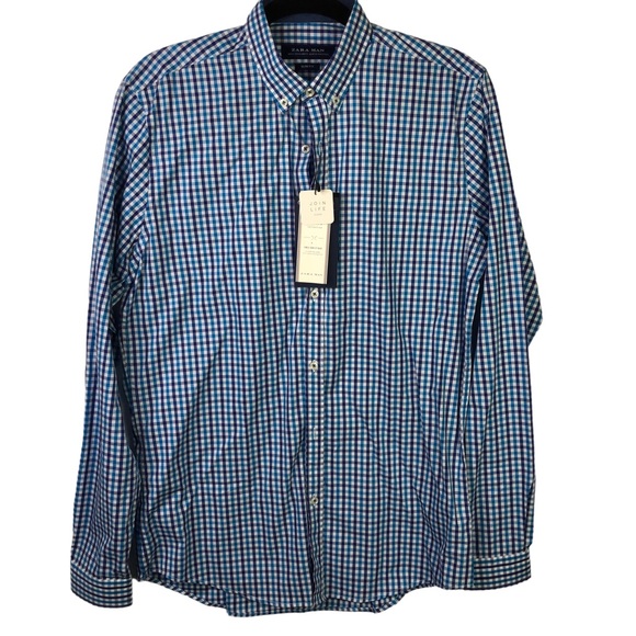 ZARA Men's Plaid Slim Fit Shirt Turquoise Blue - Picture 6 of 11